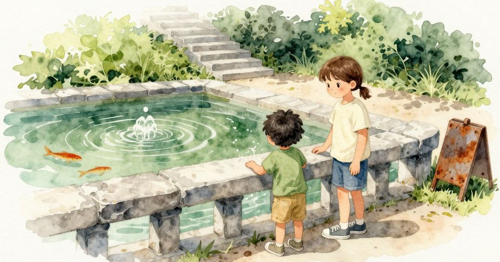 敘事者和 Ben 一起倚著花園池塘的石欄，雙手貼著冰涼石面。池中小噴泉發出低低水聲，旁邊有一塊生鏽的金屬牌子，後方是一段通往陰影下小徑的短階梯。綠水下方，亮色的魚緩慢交錯游動。