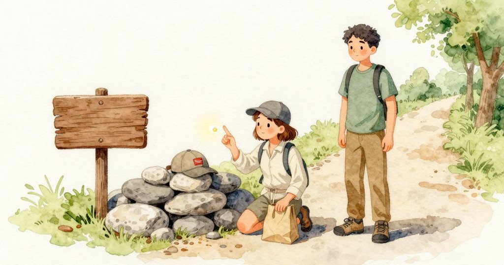 小徑旁一切都還在原位：棕色木牌、摺著口的紙袋，以及帶著小紅小艇圖案的灰色帽子。兩塊已定住的石頭之間，一顆微小的松脂珠閃著暖光。敘事者抬起拇指，一粒細沙在光裡發亮。晚陽輕觸木頭、塵土與樹葉，路邊顯得安穩。