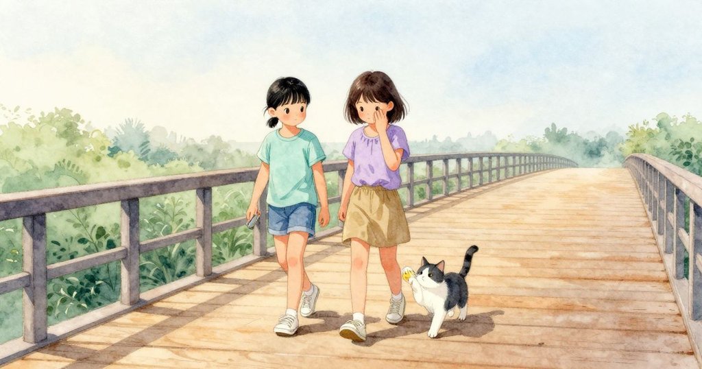 朝の木橋で、思涵と瑞雪のそばを歩く猫の足が、少し弾む板に静かに触れている。欄杆がまっすぐ並び、低い日差しが板をほんのり温める。思涵の靴音に合わせるように、猫の尾がゆっくり揺れる。