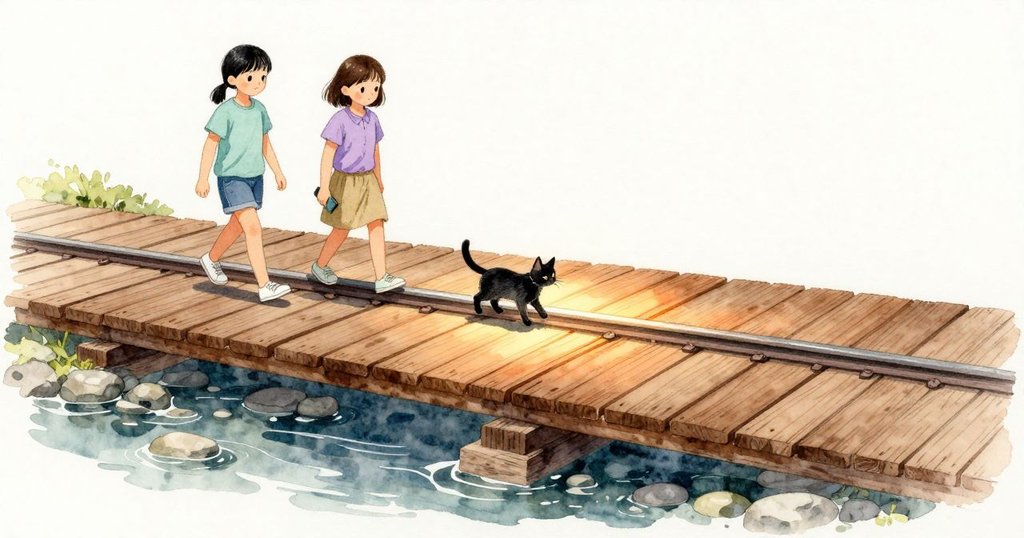橋の中ほどで木板がさらに熱くなり、猫は歩幅を縮めて欄杆の細い影に沿って進む。板の継ぎ目には細い光の線が移ろい、水が石に当たる涼しさが下から伝わる。