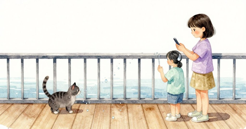 欄杆の端に並ぶ水滴が震え、風に押されて内側へ落ちる。二滴が猫のひげを濡らし、もう一滴が瑞雪の携帯に丸い湿りを残す。瑞雪が指先で拭うと、湿りは半月形に伸びる。