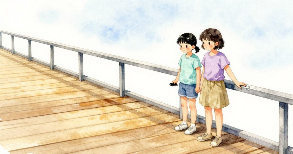 猫のひげから最後の一滴がすべり落ち、欄の縁にそっと当たる。橋の板は陽に温まり、灰色の欄が静かに続く。小さな濡れ跡は広がって消え、穏やかな光だけが残る。