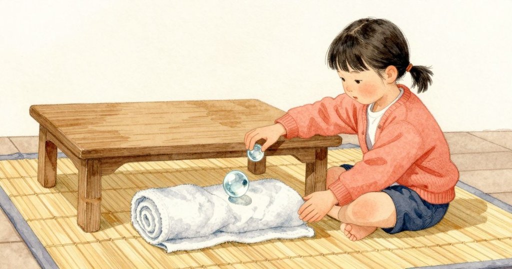 小さな凸でビー玉が震え、しっかり見えるレールから外れて巻いたタオルに落ち、こもった音だけを残す。語り手と冬梅の手は動きを止め、布の厚みが珠を受け止めている。