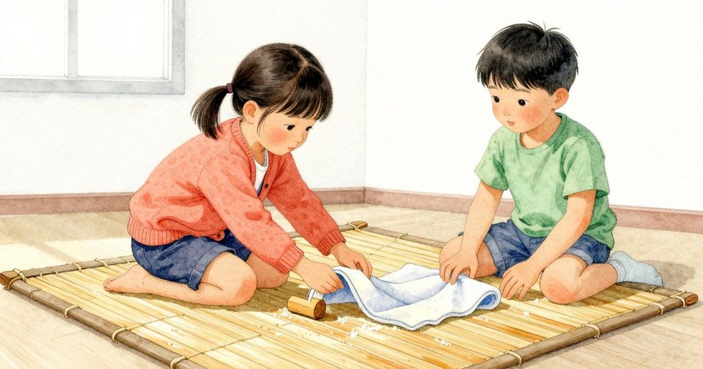語り手が弧の部品を持ち上げ、木の脚のそばにこびりついた細かなロウのかけらをタオルの角で拭き取る。冬梅は近くで見守り、竹の目と木の色合いが午後の光に浮かぶ。