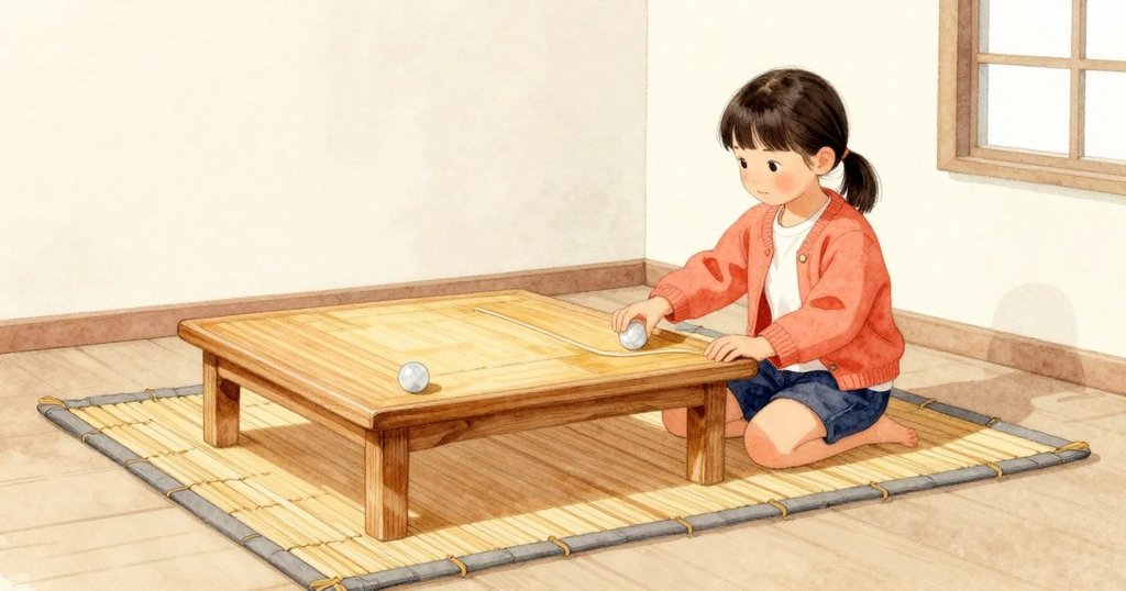 語り手が弧を指一本ぶん内側へ寄せて底座を押さえ、ビー玉を起点へ戻して再開。直線を速く抜け、弧に入る音は密で安定する。冬梅は手を出さずに見守る。