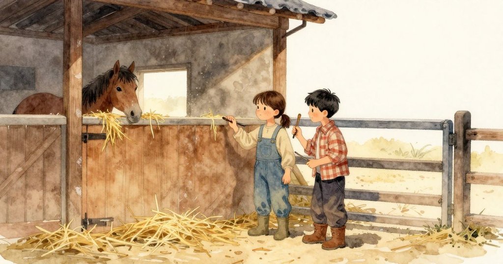 午後の馬廄で、小雨と家豪が馬欄のそばを片づけている。乾いた藁の香りが袖に残り、温かい木の板が粉っぽく手に感じられる。天井のすき間から細末が静かに落ち、通路にやわらかい光の中で舞っている。