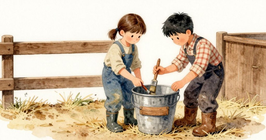 小雨が皿で刷子をしっかり湿らせ、家豪が桶を手前に引いて木札を安定させる。最初の一筆が古い木に吸われ、思ったより淡く沈み込む。