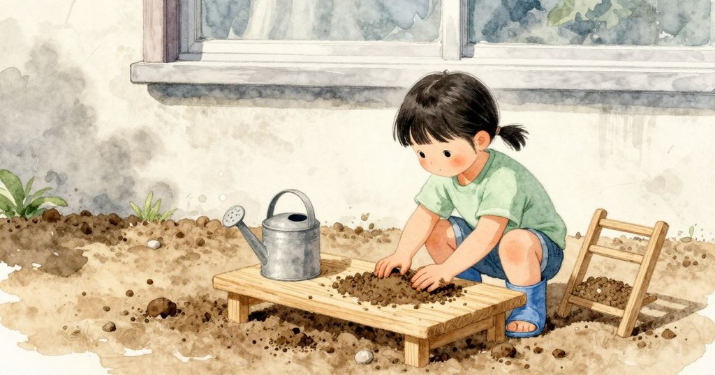 子晴が小さな盆から土を木の板にあけ、両手で平らに押さえている。そばに澆水壺があり、口に小さな水滴が残る。乾燥用の棚が手の届く位置に立ち、午後の陰で板はひんやりしている。土の匂いが弱く立ちのぼる。