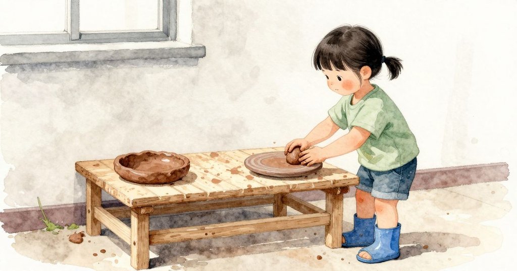 子晴がより薄く丸い泥の円を整え、水の跡をなでて消し、そっと持ち上げて最初の一枚の横の棚に置く。棚の細い板が形を支え、壁ぎわに湿った土の匂いが満ちる。
