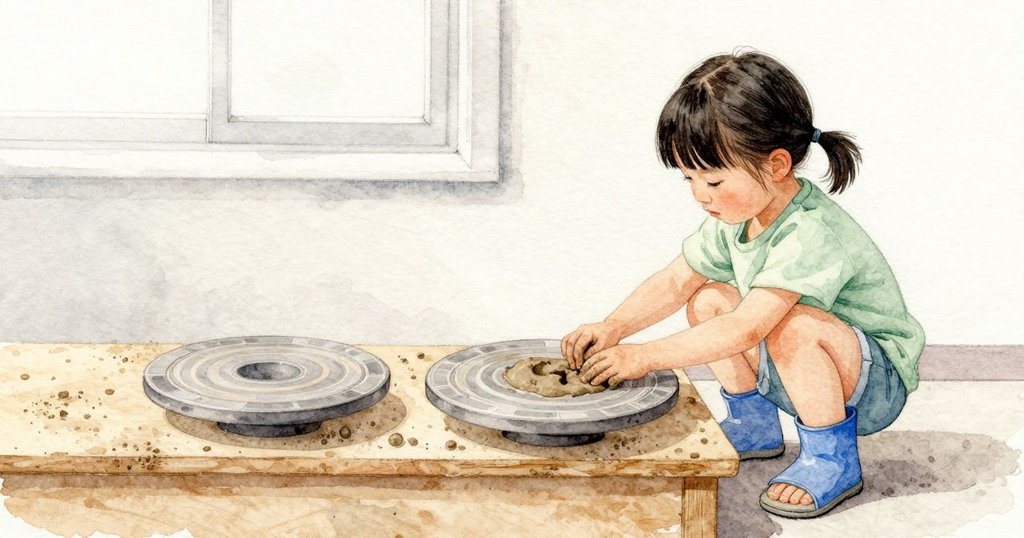 子晴の指先が新しい泥盤のふちに小さなくぼみをつけ、波のような飾りが続いていく。となりには先に作った一枚が棚で安定している。陰の涼しさの中で湿りの濃淡がやわらぐ。