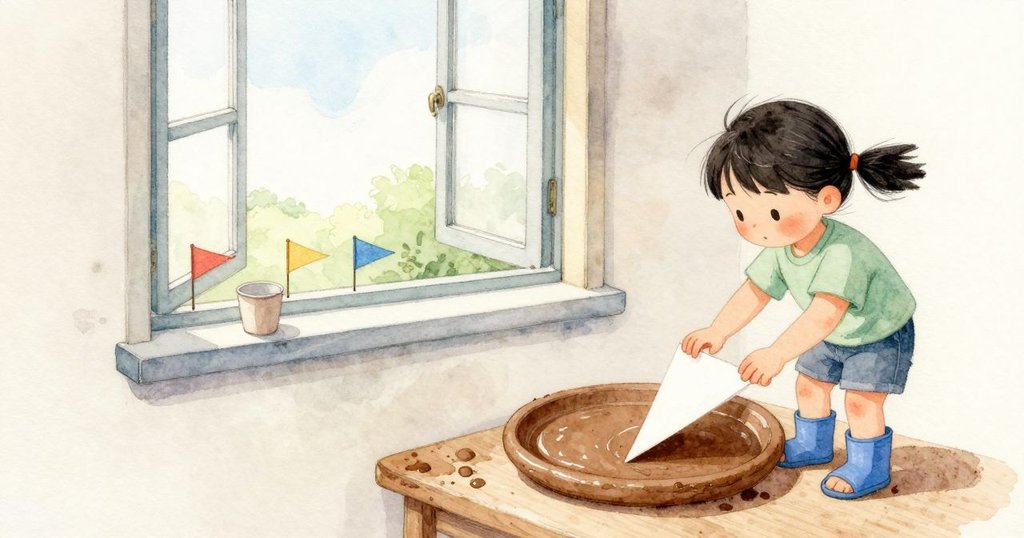 家の角を回った風で端の三角旗がはずれ、まだ乾ききらない泥盤にぱたりと落ちる。紙の縁が泥にくっきり三角の印を押し、薄い紙に湿った土の輪がつく。子晴の指はふちで止まり、残りの旗が小さく揺れる。