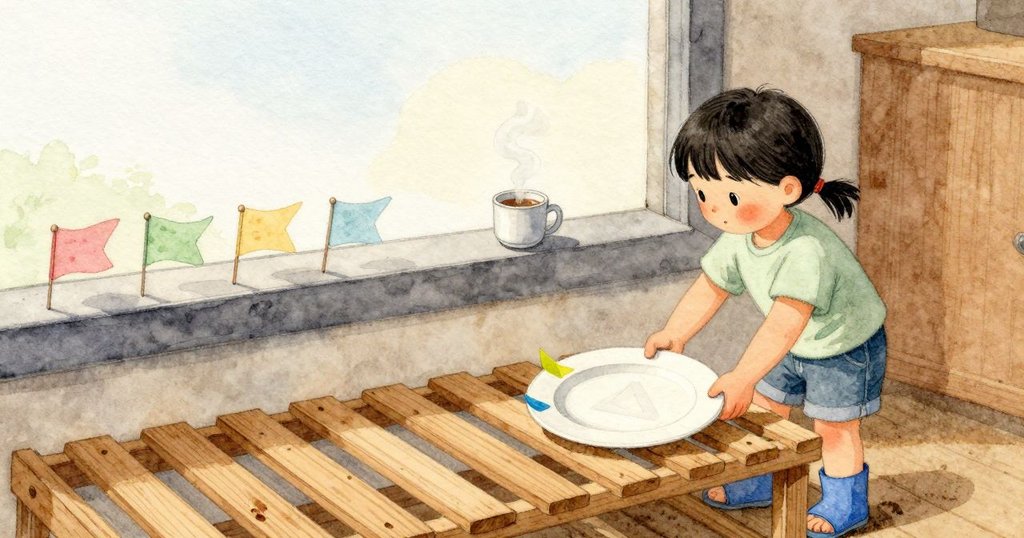 子晴が三角の印が残った泥盤を棚の内側へ押し戻す。窓台の紙旗は一か所だけ欠け、残りがまだ揺れている。カップの湯気はうすく立ち、小さな彩紙の角が泥盤のふちに張りついて、風にかすかに震える。