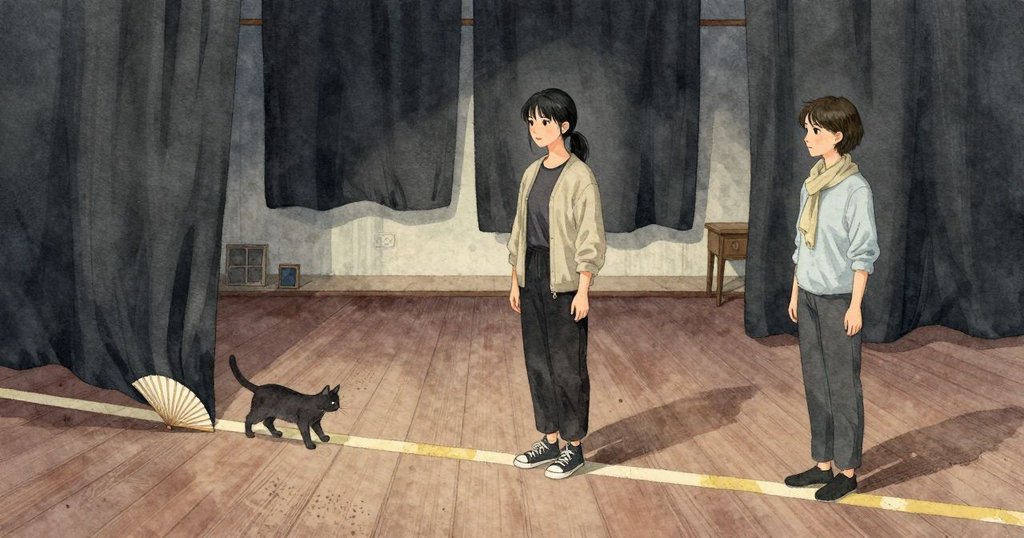 翼側の床に並ぶ膠帯の線が静かに走り、布幕の裾づたいに猫が巡っている。紙扇の骨にひげがかすり、前方の音は布でやわらぎ低い律動だけが残る。暗い木の床の擦れ跡と淡い影が見え、空気には布とほこりの匂いがある。