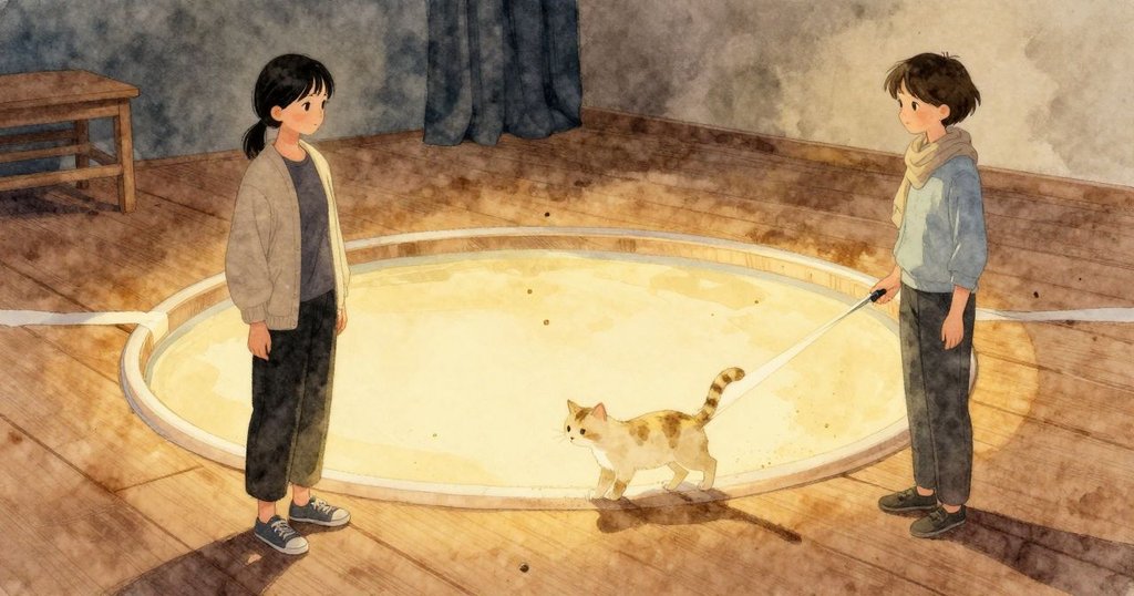 猫が膠帯の線に沿って歩き、光の輪の中へ足を置いて通り抜ける。輪の中で床は明るく、塵が金色にきらめく。輪の外では木目が静かな茶に戻り、空気はふたたびひんやりする。